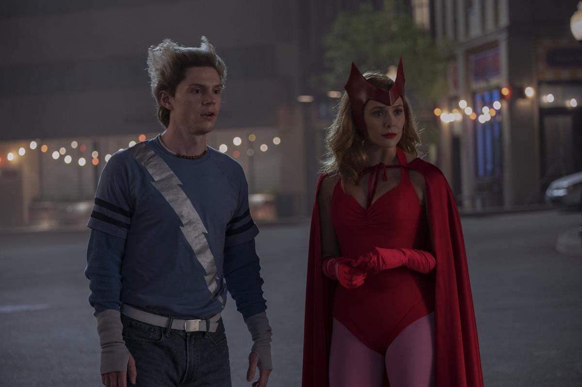 (L-R): Evan Peters as Pietro and Elizabeth Olsen as Wanda Maximoff in “WandaVision.” Cr: Marvel Studios