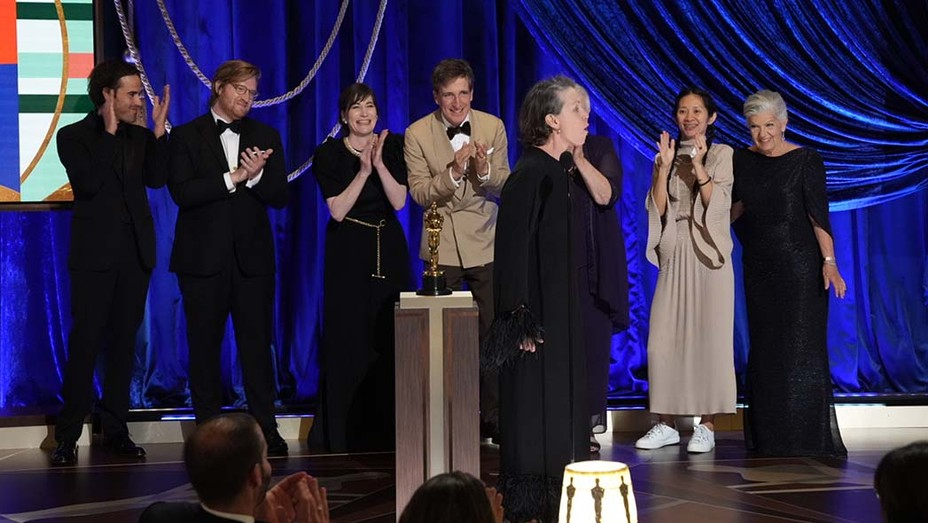 Frances McDormand on stage with the producers of “Nomadland,” which took home the Oscars for Best Picture, Best Director and Best Actress. Cr: AMPAS/ABC