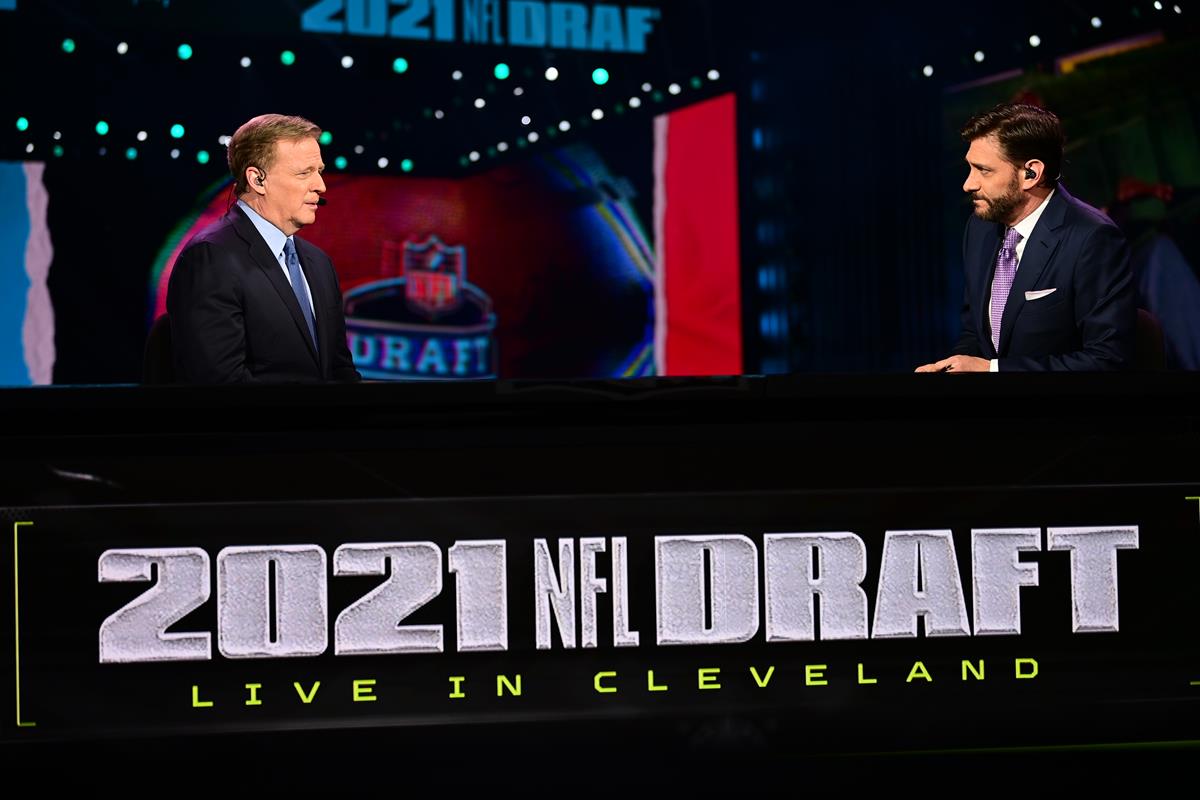 Roger Goodell and Mike Greenberg prior to the 2021 NFL Draft. Cr: Phil Ellsworth/ESPN Images