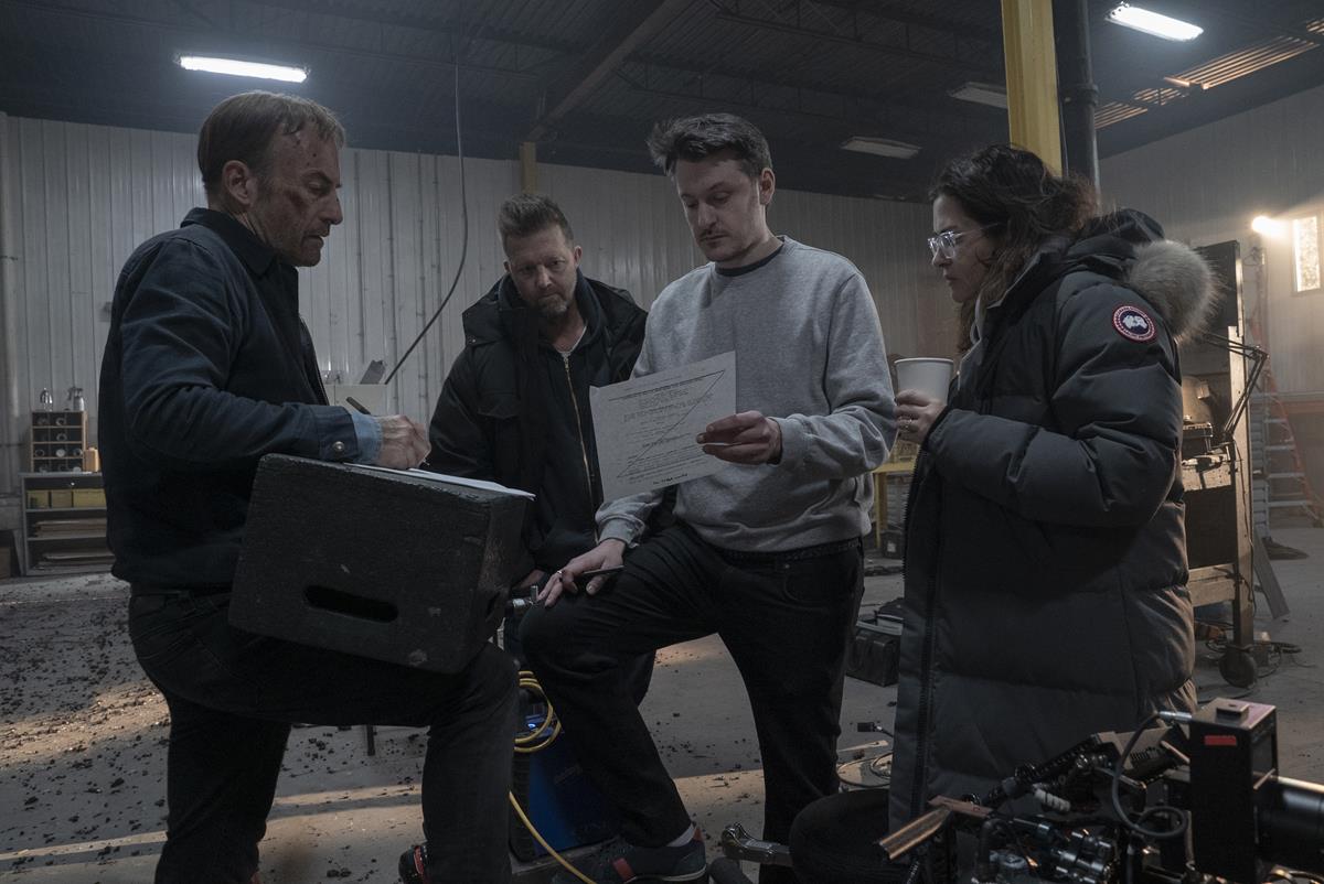 Bob Odenkirk, producer David Leitch, director Ilya Naishuller and producer Kelly McCormick on the set of “Nobody.” Cr: Allen Fraser/Universal Pictures