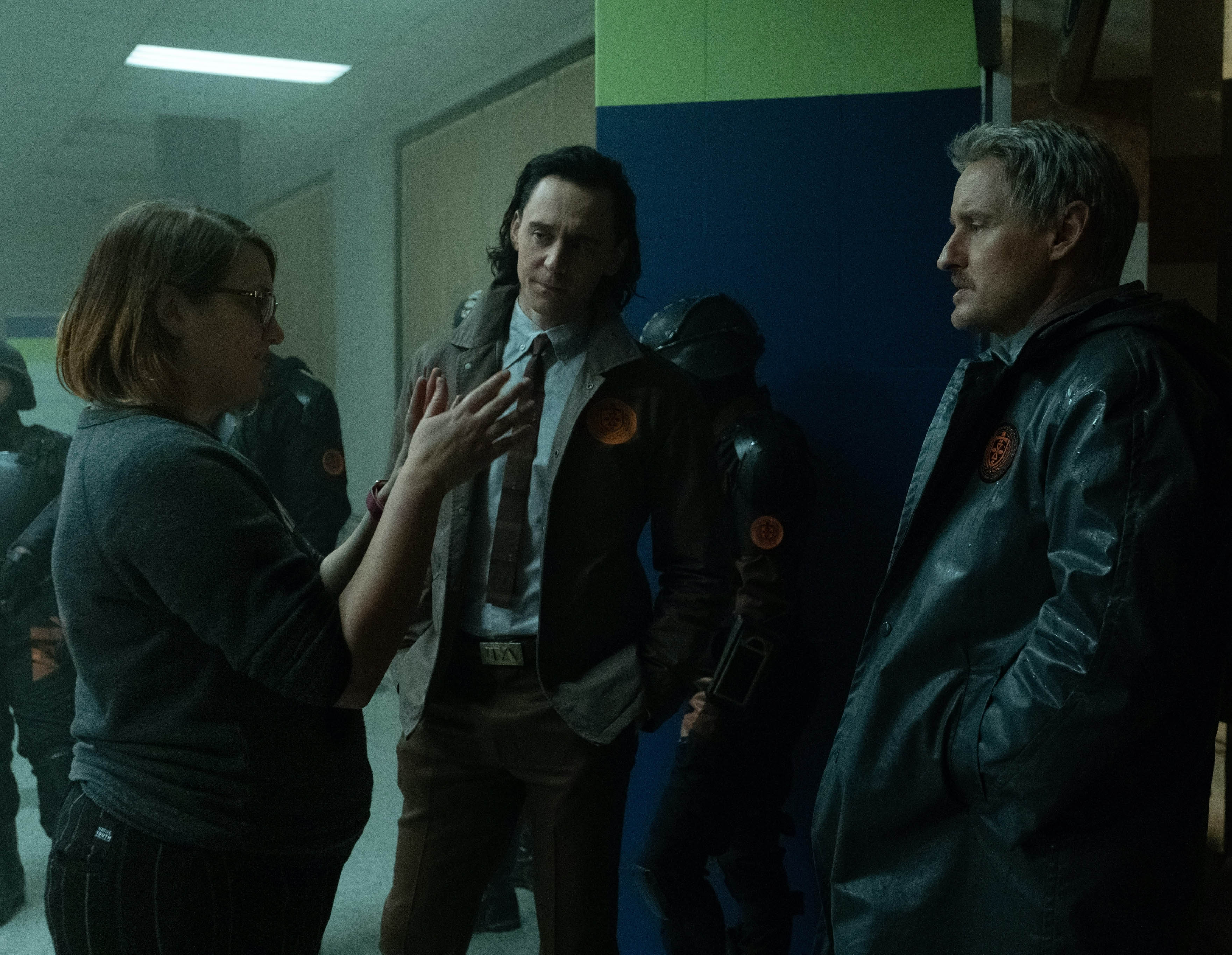 Kate Herron, Tom Hiddleston, and Owen Wilson on the set of Marvel's Loki