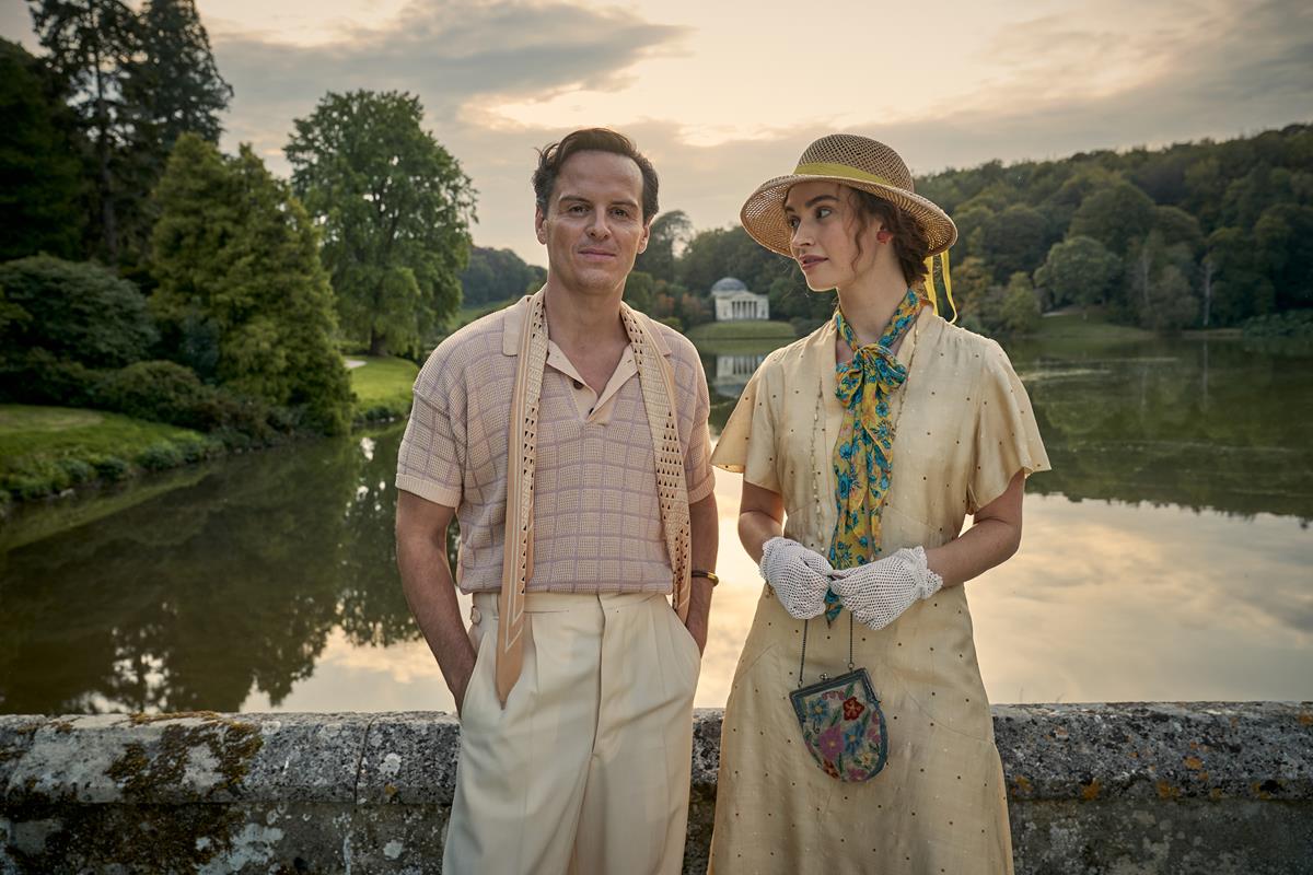 Andrew Scott as Lord Merlin and Lily James as Linda Radlett Radlett in “The Pursuit of Love.” Cr: Robert Viglasky/BBC
