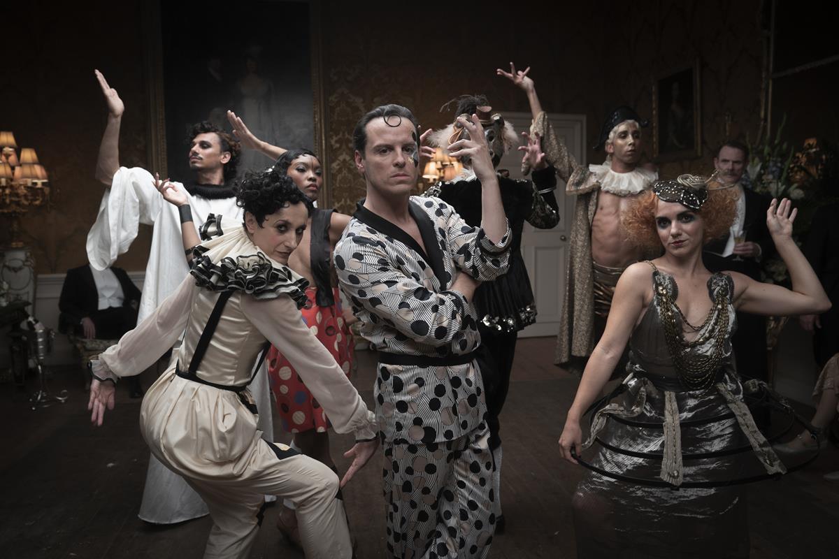 Andrew Scott as Lord Merlin (center) in “The Pursuit of Love.” Cr: Robert Viglasky/BBC