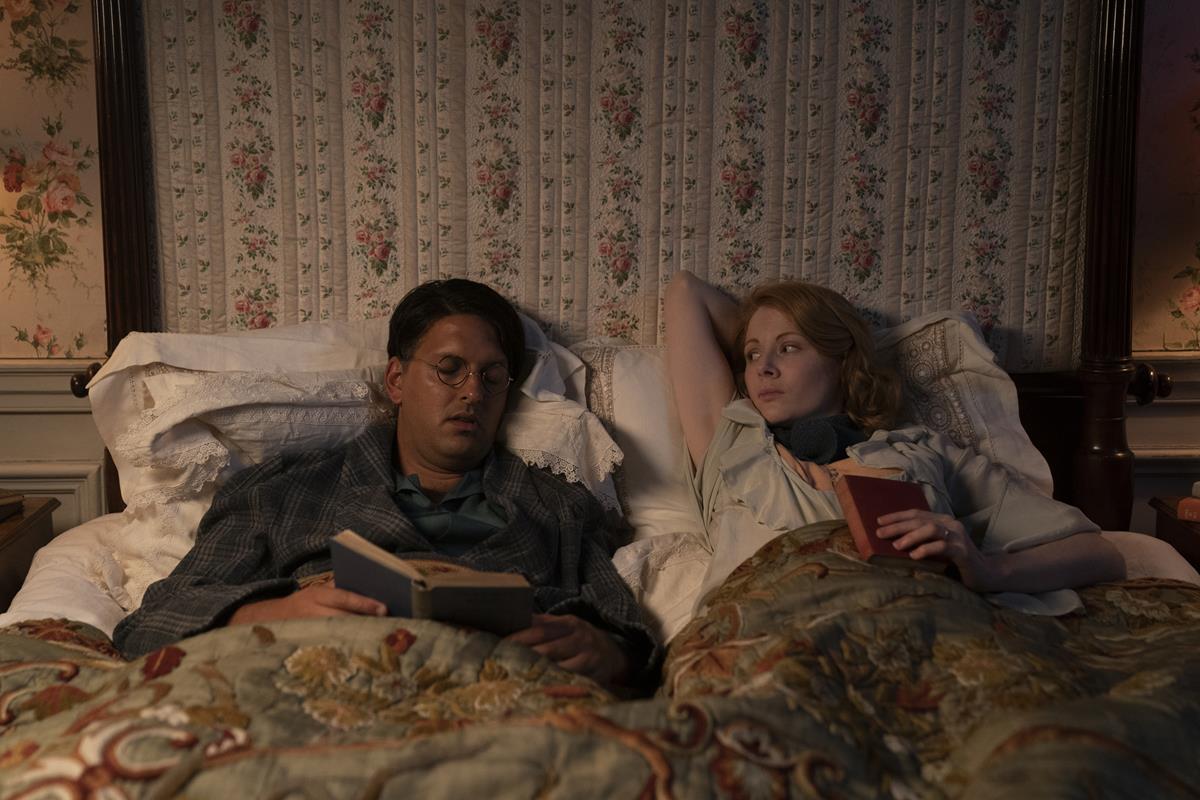 Shazad Latif as Alfred Winchman and Emily Beecham as Fanny Logan in “The Pursuit of Love.” Cr: Robert Viglasky/BBC