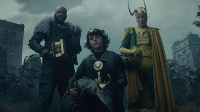 Boastful Loki (DeObia Oparei), Kid Loki (Jack Veal), Alligator Loki and Classic Loki (Richard E. Grant) in Episode 5 of Marvel Studios' “Loki.” Cr: Marvel Studios