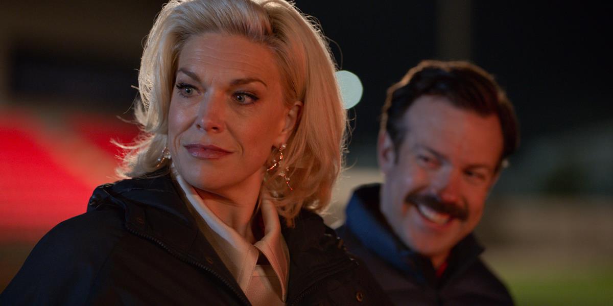 Hannah Waddingham and Jason Sudeikis in “Ted Lasso,” now streaming on Apple TV+.