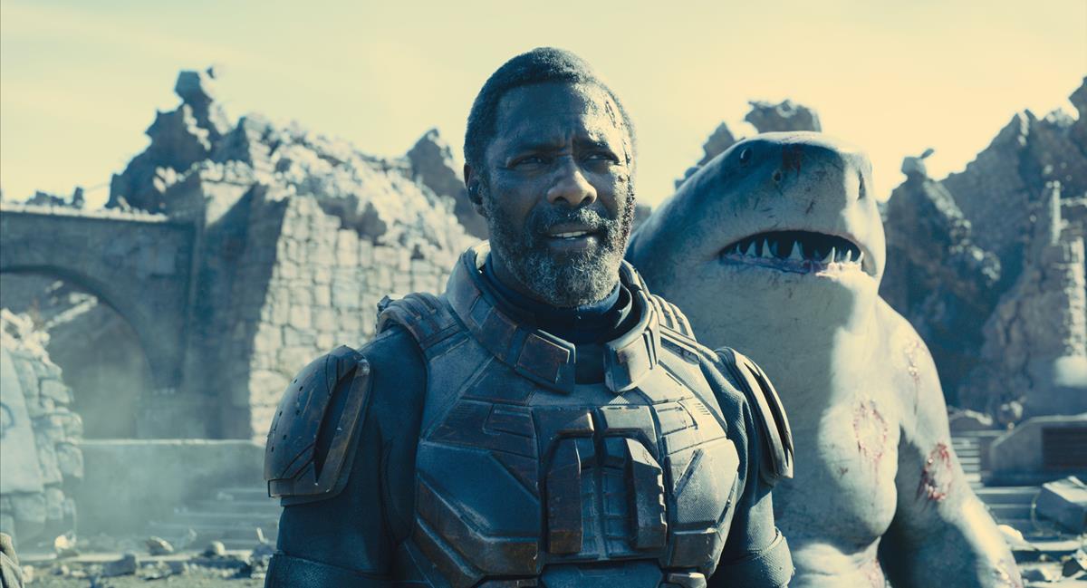 Idris Elba as Bloodsport and King Shark in director James Gunn’s “The Suicide Squad.” Cr: Warner Bros. Pictures/DC Comics