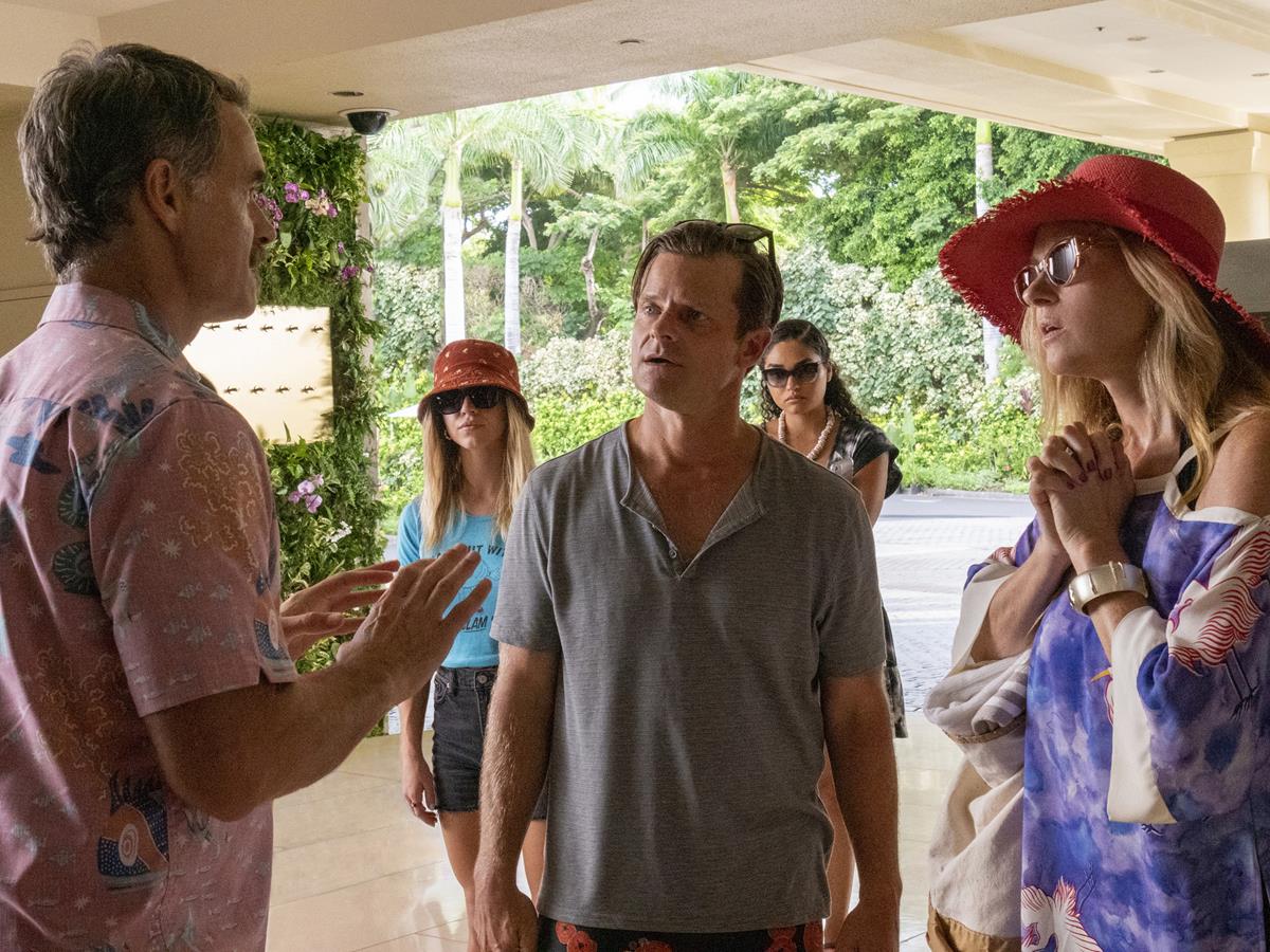 Murray Bartlett as Armond, Steve Zahn as Mark Mossbacher, and Connie Britton as Nicole Mossbacher in Episode 6 of “The White Lotus.” Cr: HBO