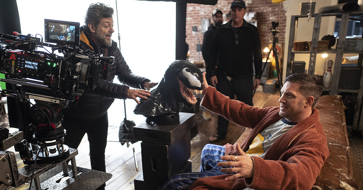 Director Andy Serkis, left, and Tom Hardy on the set of Columbia Pictures' VENOM: LET THERE BE CARNAGE.
