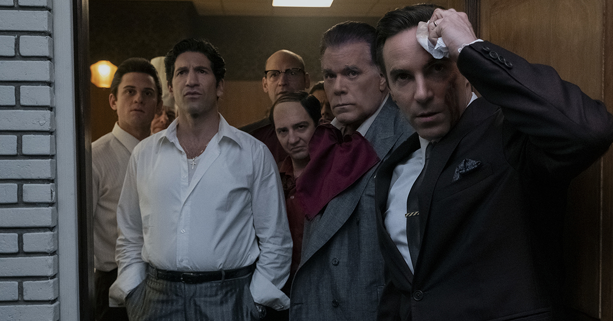 Billy Magnussen as Paulie Walnuts, Jon Bernthal as Johnny Soprano, Corey Stoll as Junior Soprano, John Magaro as Silvio Dante, Ray Liotta as "Hollywood Dick" Moltisanti and Alessandro Nivola as Dickie Moltisanti. in “The Many Saints of Newark.” Cr: Barry Wetcher/Warner Bros. Pictures
