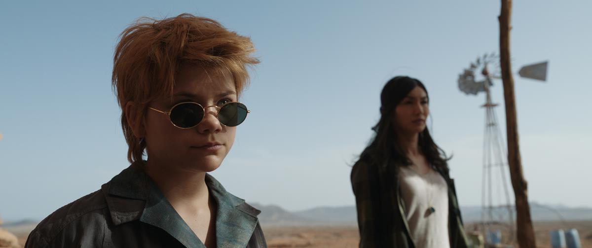 Lia McHugh as Sprite and Gemma Chan as Sersi in director Chloé Zhao’s “Eternals.” Cr: Marvel Studios