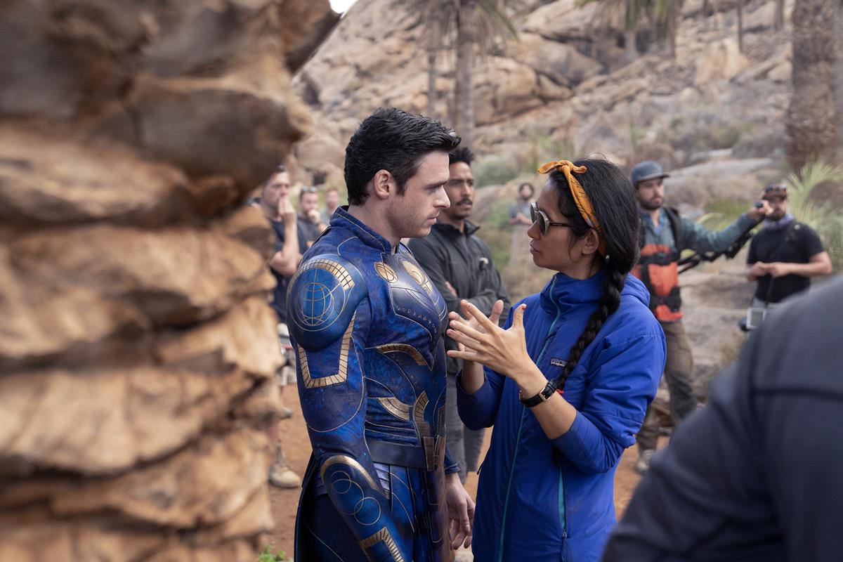 Richard Madden and director Chloé Zhao on the set of “Eternals.” Cr: Marvel Studios