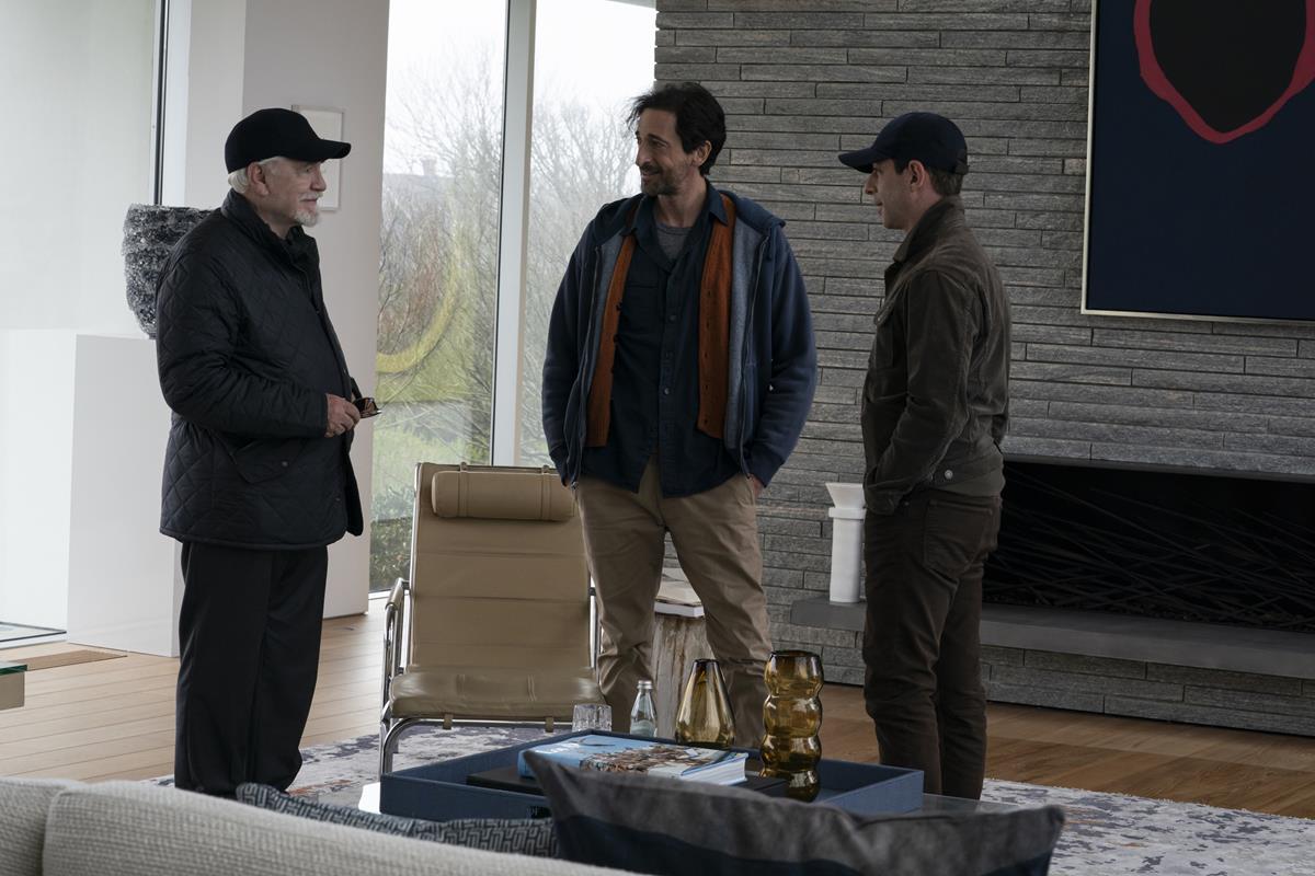 Brian Cox as Logan Roy, Adrien Brody as Josh Aaronson, and Jeremy Strong as Kendall Roy in Season 3 Episode 4 of “Succession.” Cr: HBO
