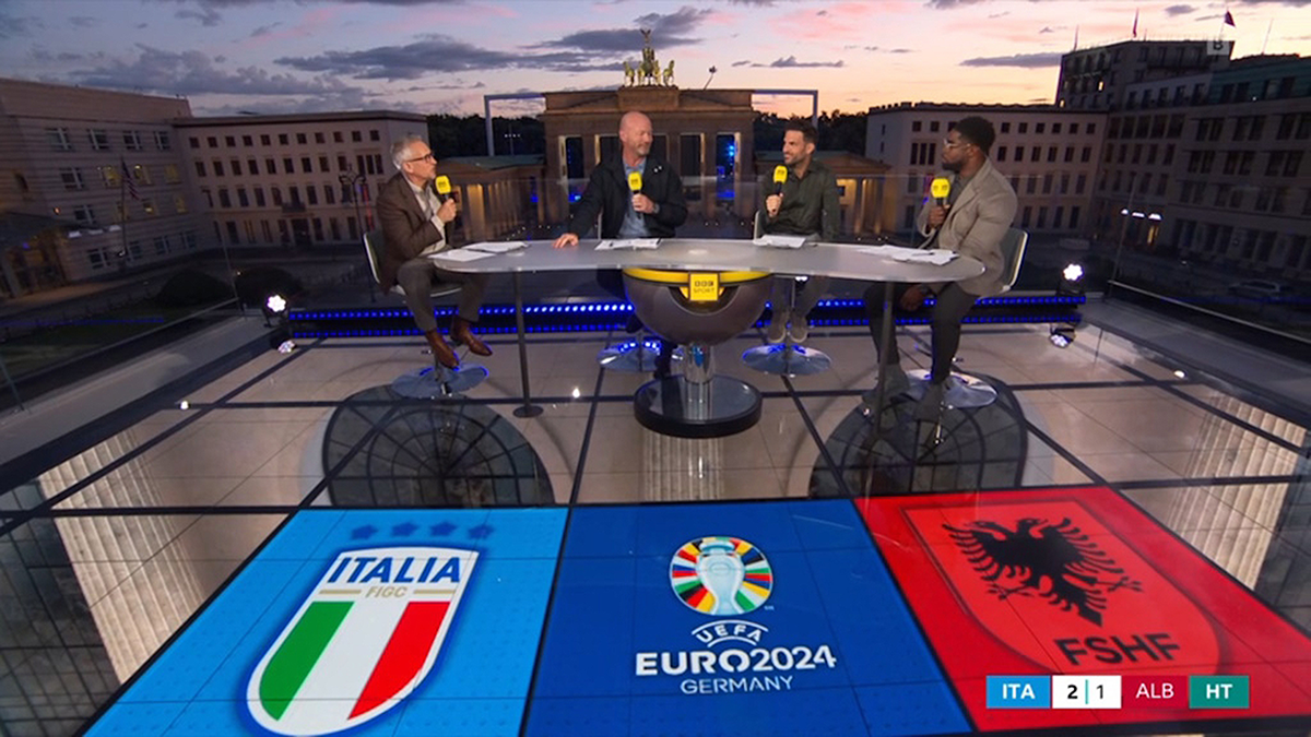 BBC Sport’s terrace set, one of two constructed in Berlin for coverage of the UEFA EURO championships.